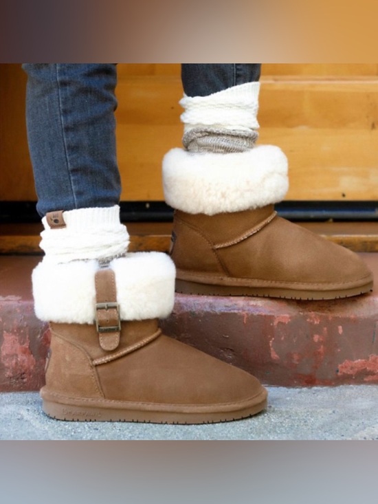 BearPaw Shoes - BearPaw Women's Suede Shearling Cuff Ankle Booties in Camel 1257W-ABBY SIZE 10